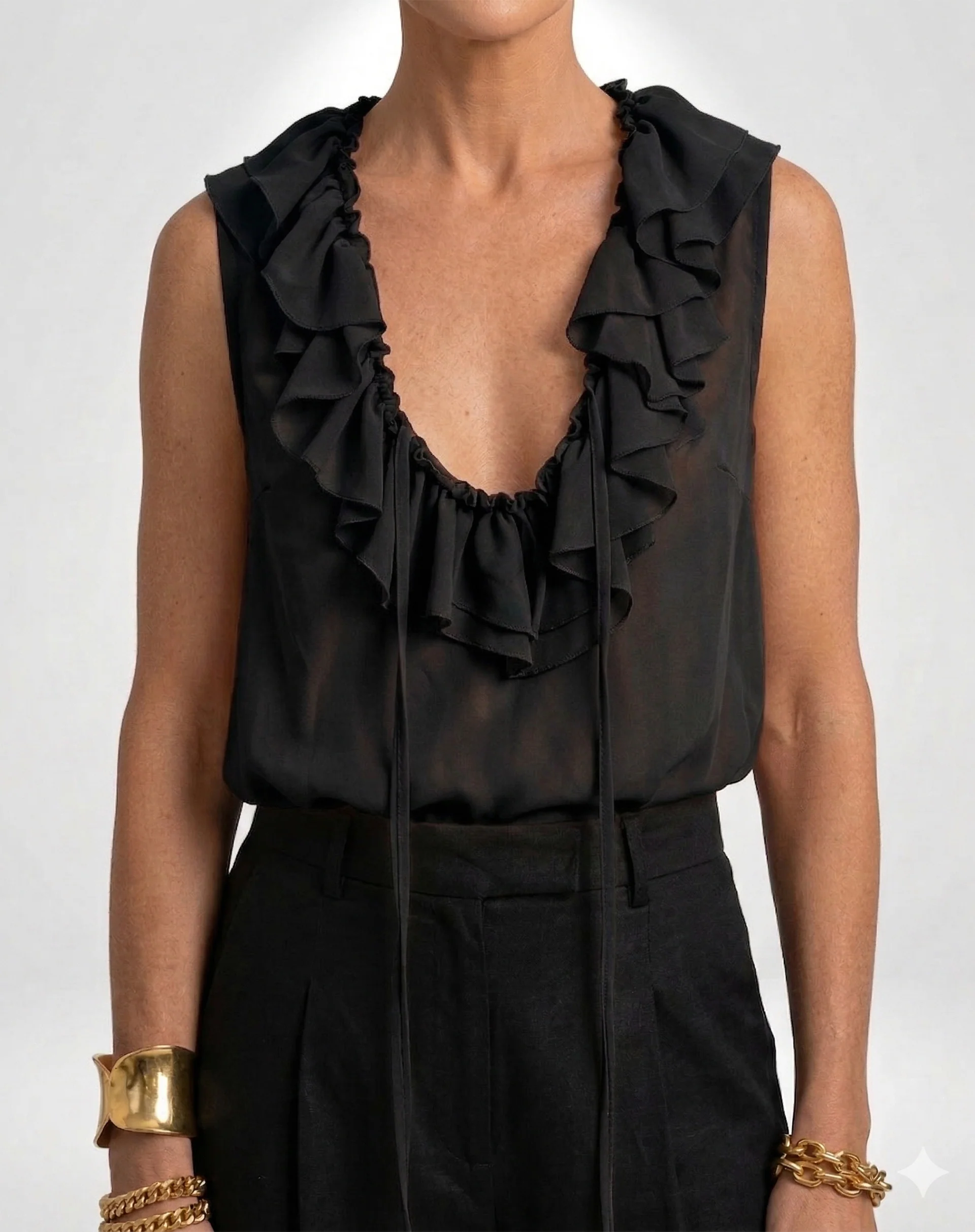 Blusa com Gola de Babados - Preto - Image 3