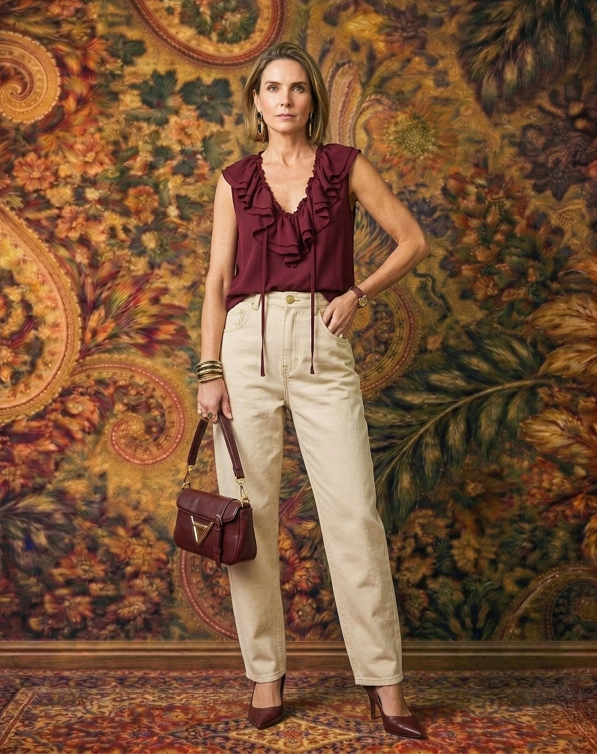 Blusa com Gola de Babados - Vinho - Image 4
