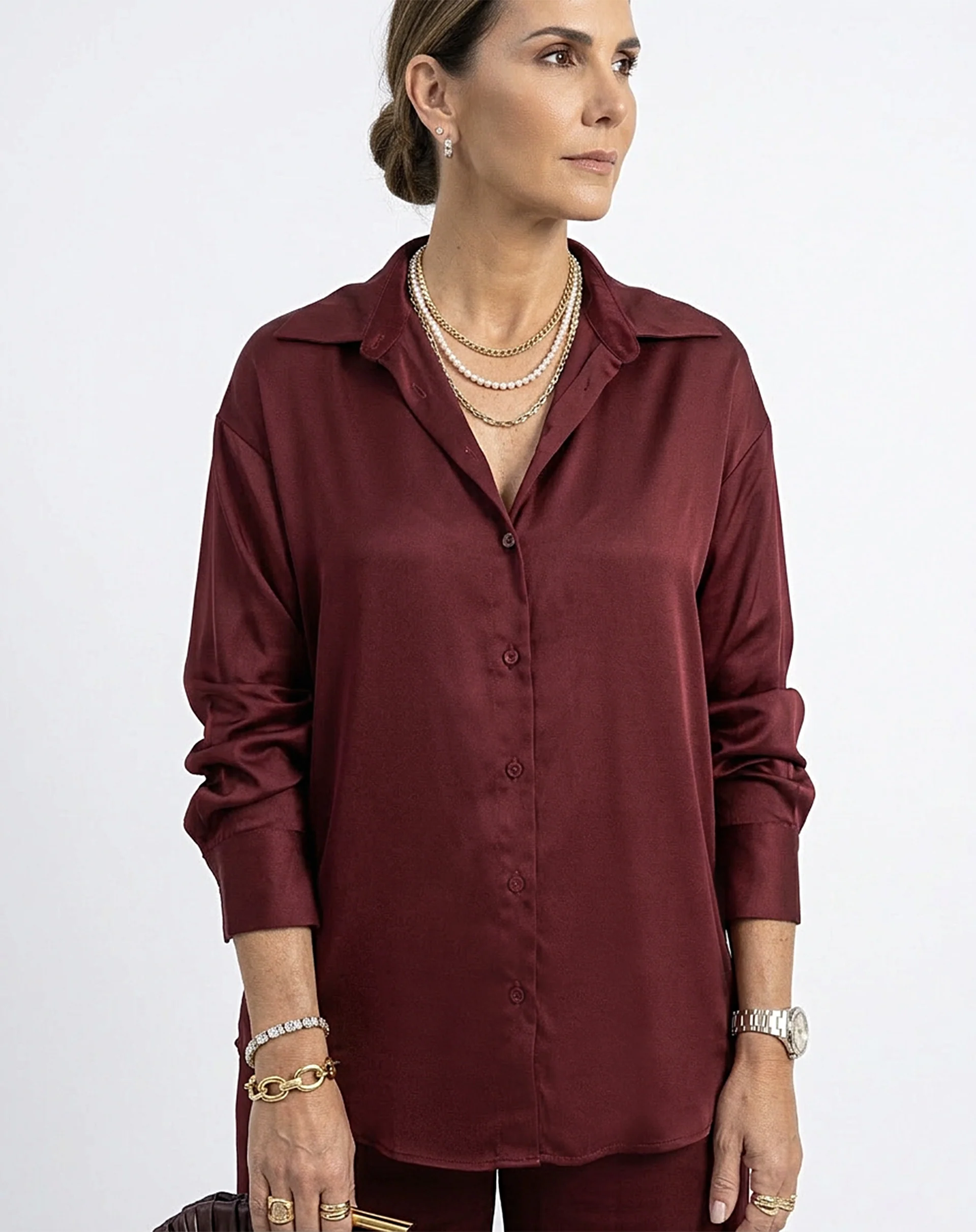 Camisa Fluida de Viscose - Vinho - Image 5