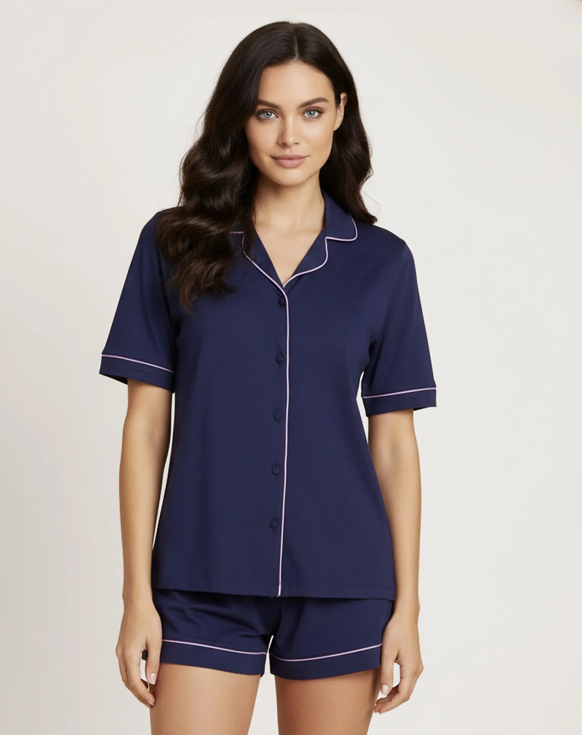 Conjunto de Pijama Curto com Vivo Contrastante - Marinho - Image 9