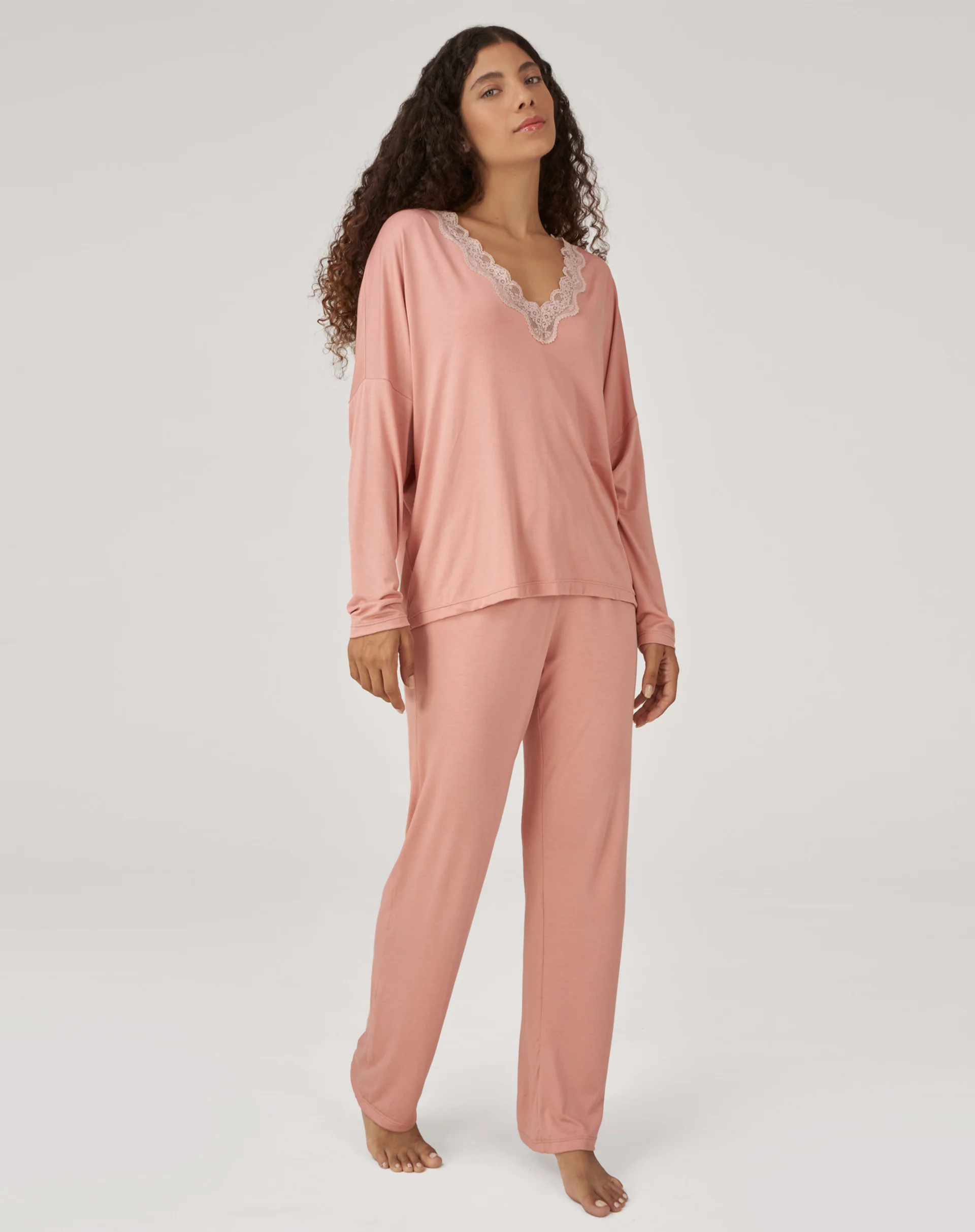 Conjunto de Pijama Longo com Renda - Rosa - Image 3
