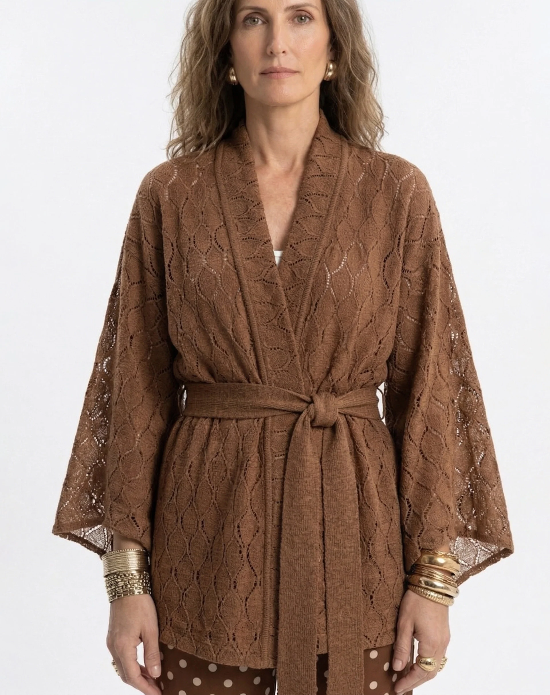 Kimono com Faixa Texturizado - Marrom - Image 3